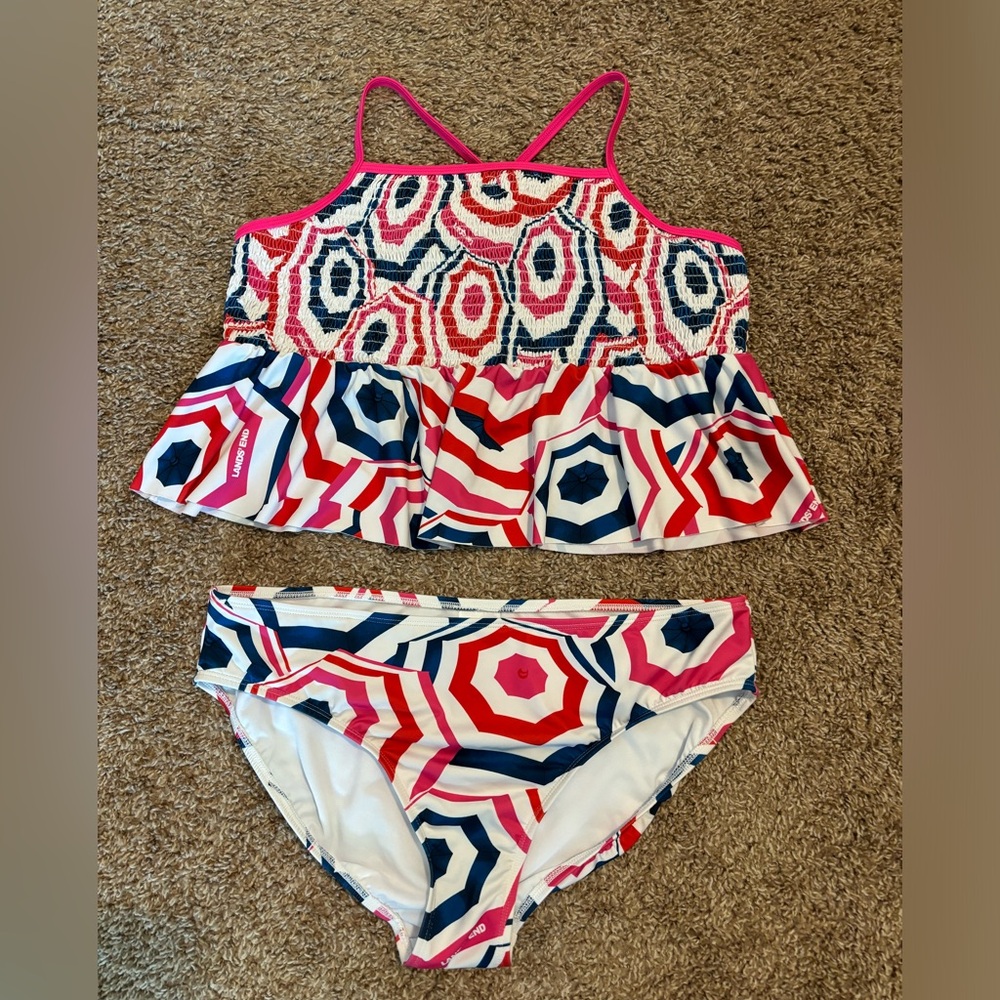 Girl’s Lands’ End Pink, Blue, White and Red Tankini Size 16P
